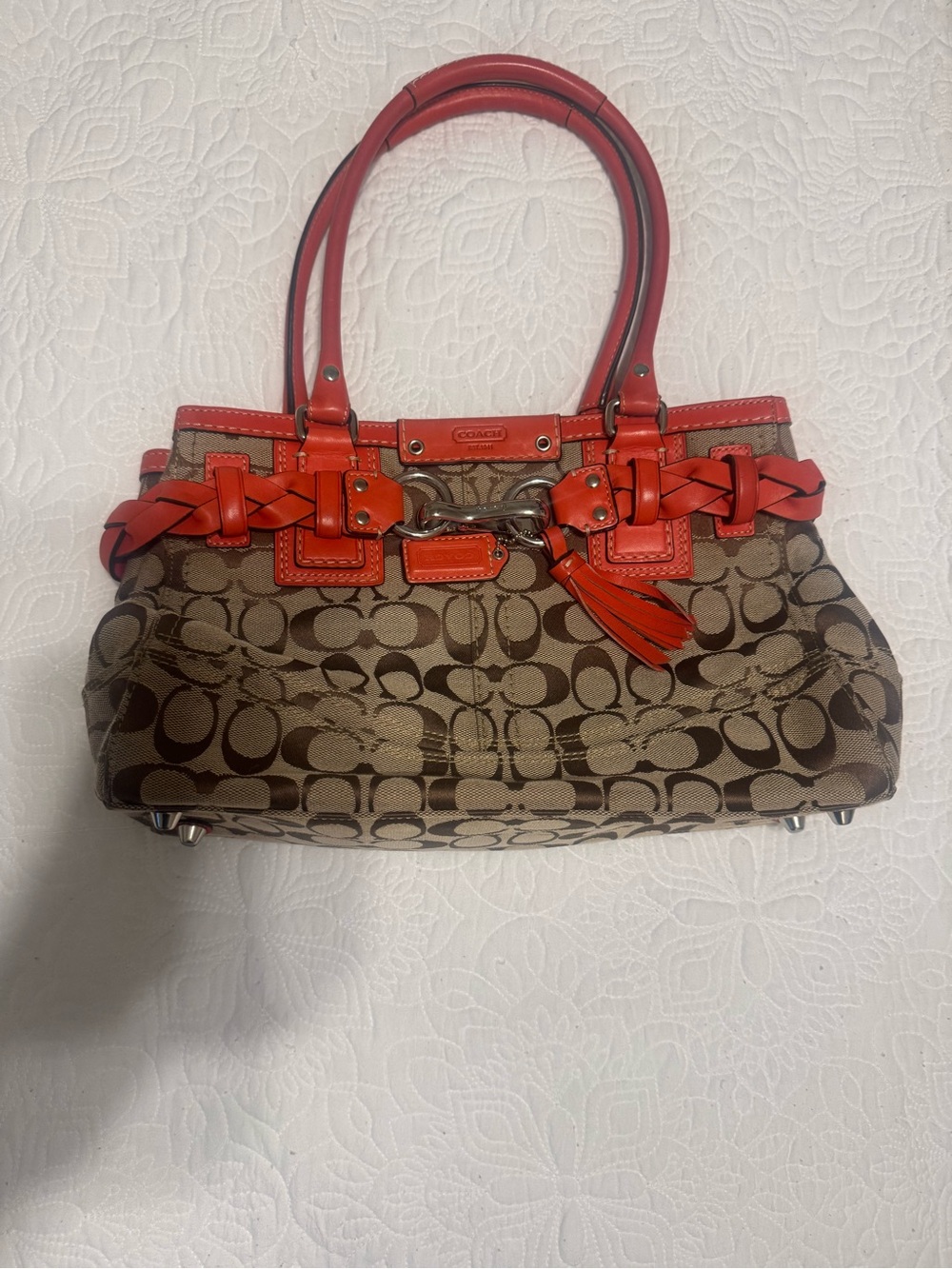 Coach Signature Canvas Tote with Orange Leather Trim Vintage